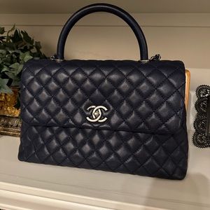 Chanel Caviar Quilted Coco Top Handle Medium Navy Blue